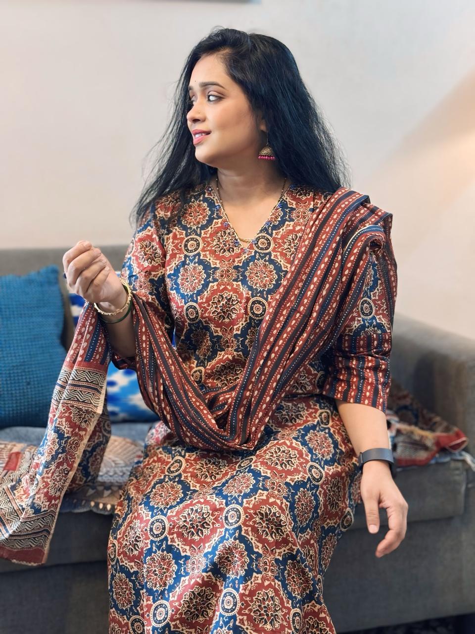 Ajrakh Blue Suit Set with Dupatta