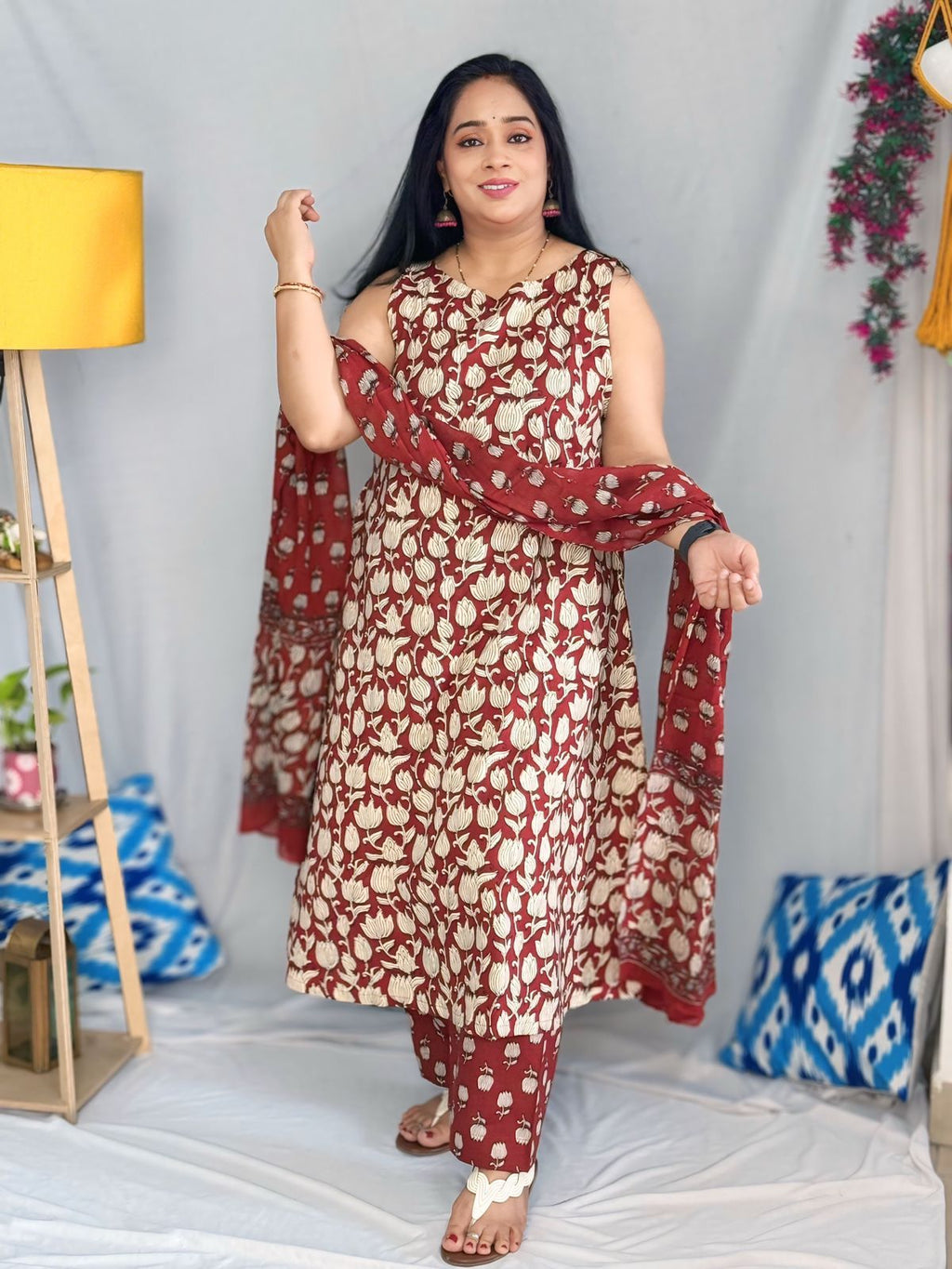 Maroon Brown Lotus Kurta and Pant (NO DUPATTA)