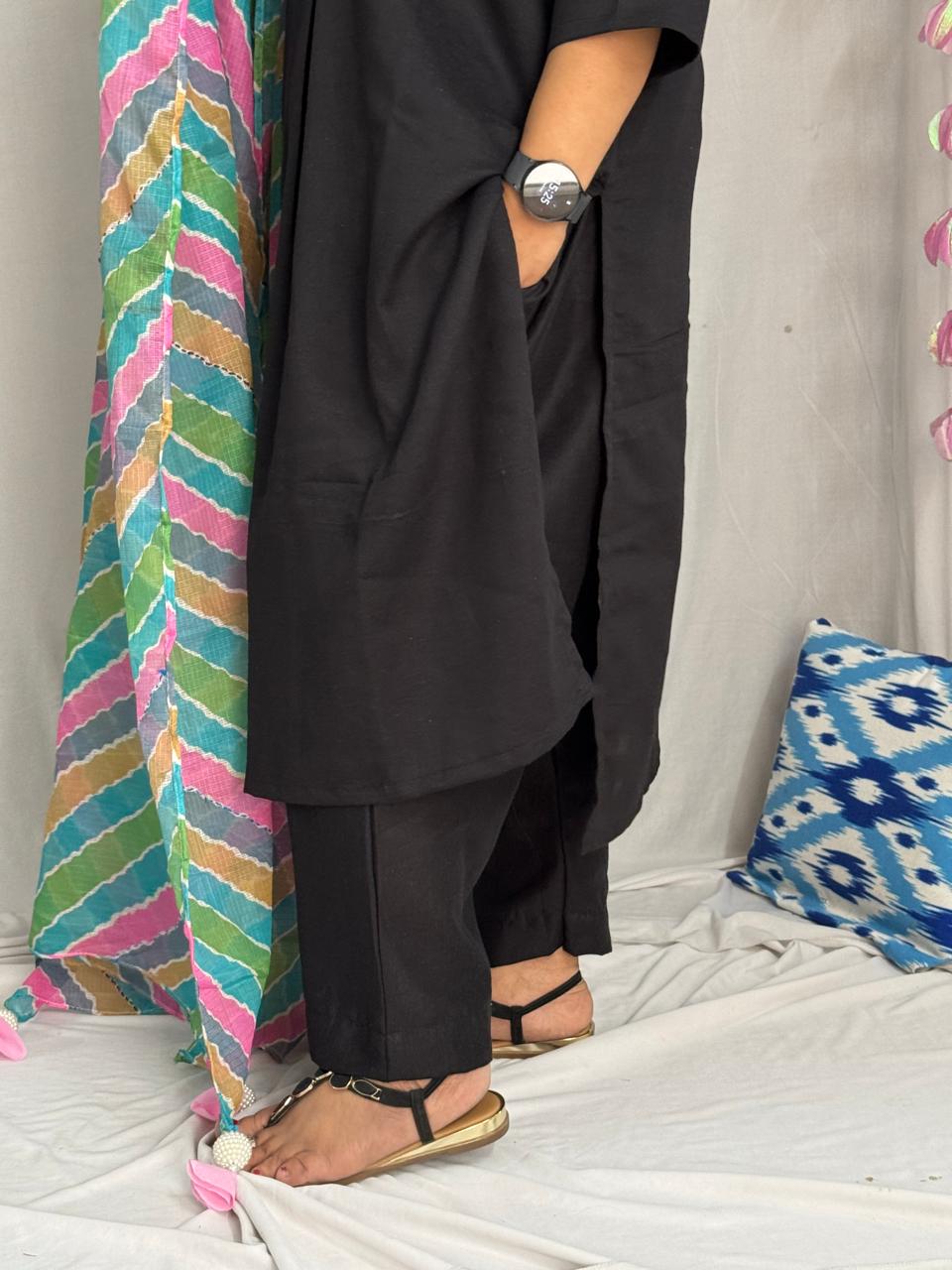 Patiala Black Suit Set with Multi Kota Dupatta