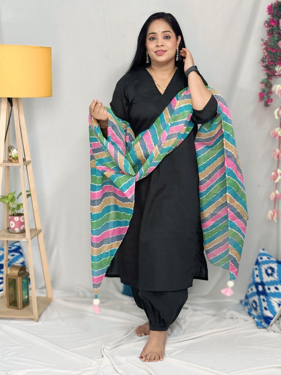 Patiala Black Suit Set with Multi Kota Dupatta
