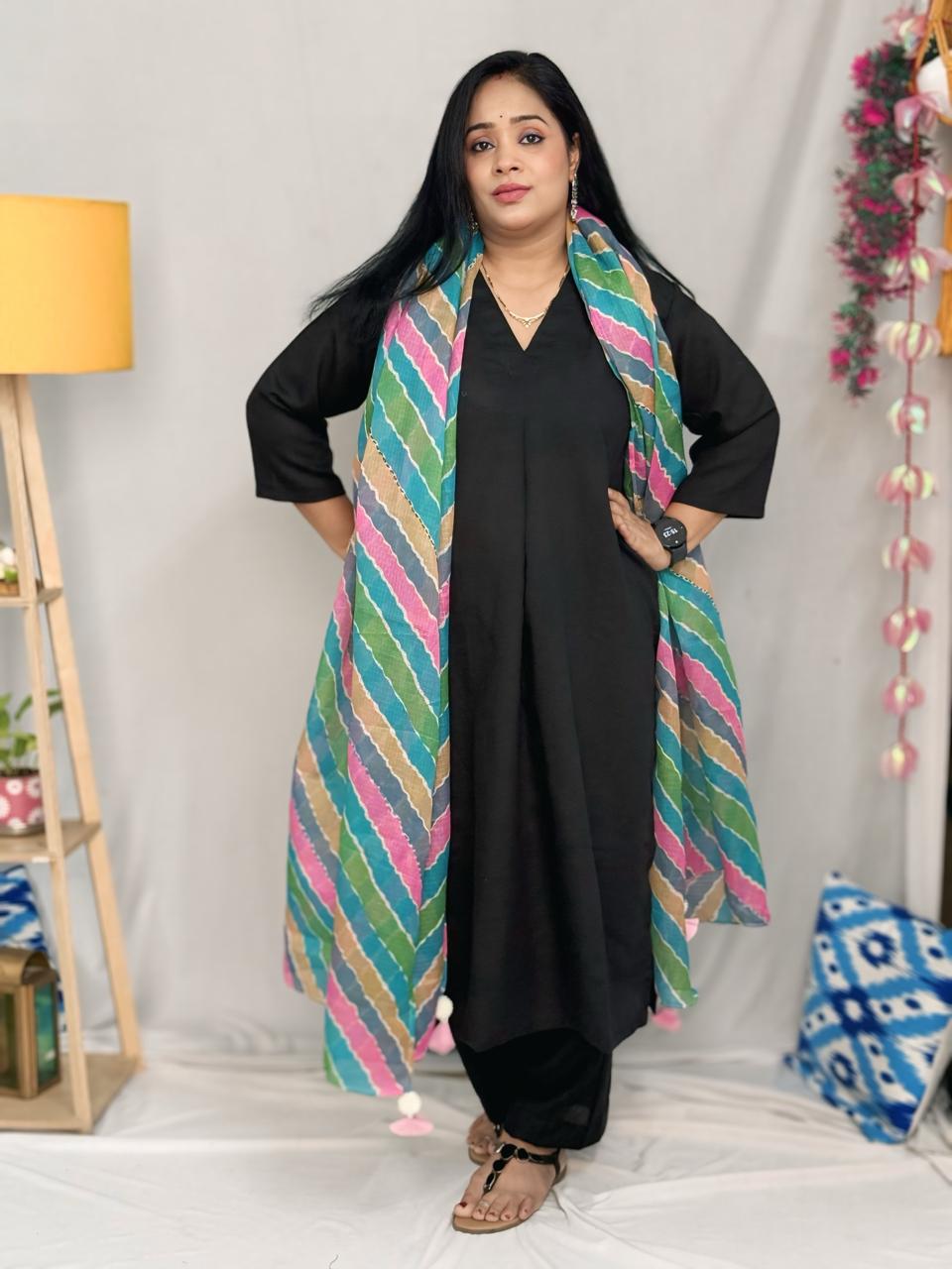 Patiala Black Suit Set with Multi Kota Dupatta