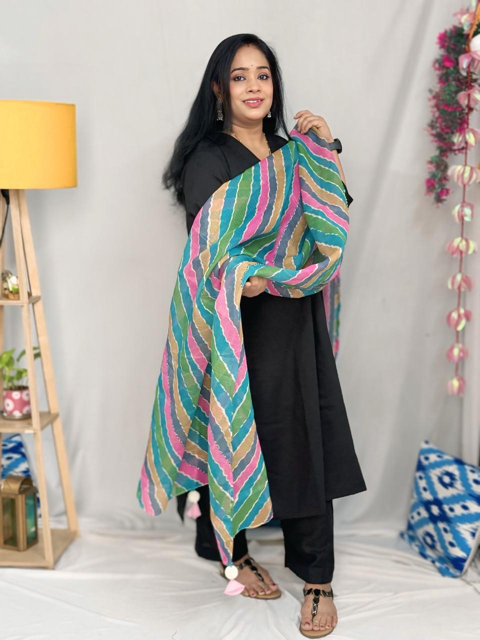 Patiala Black Suit Set with Multi Kota Dupatta