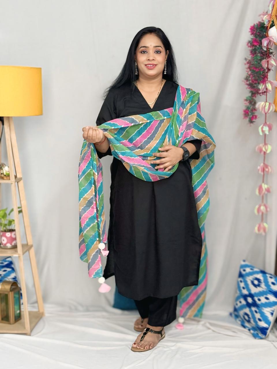 Patiala Black Suit Set with Multi Kota Dupatta