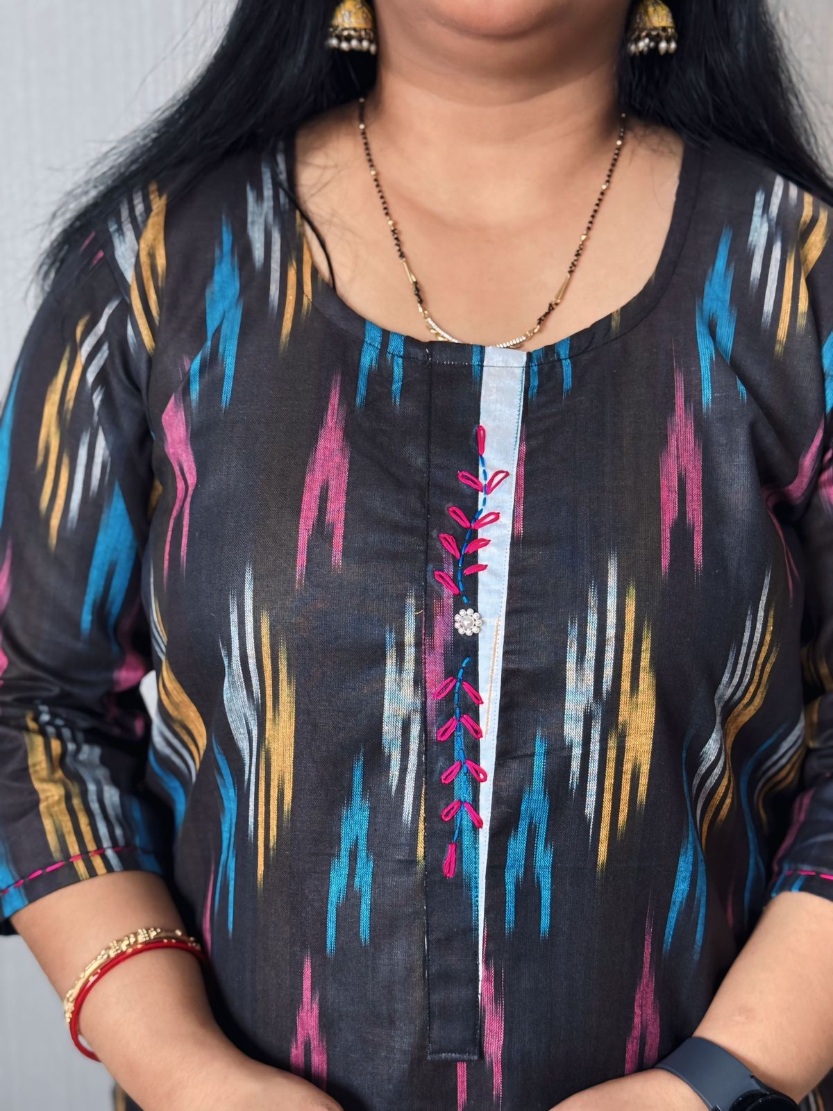 Ikkat Black-Brown Embroidered Kurta