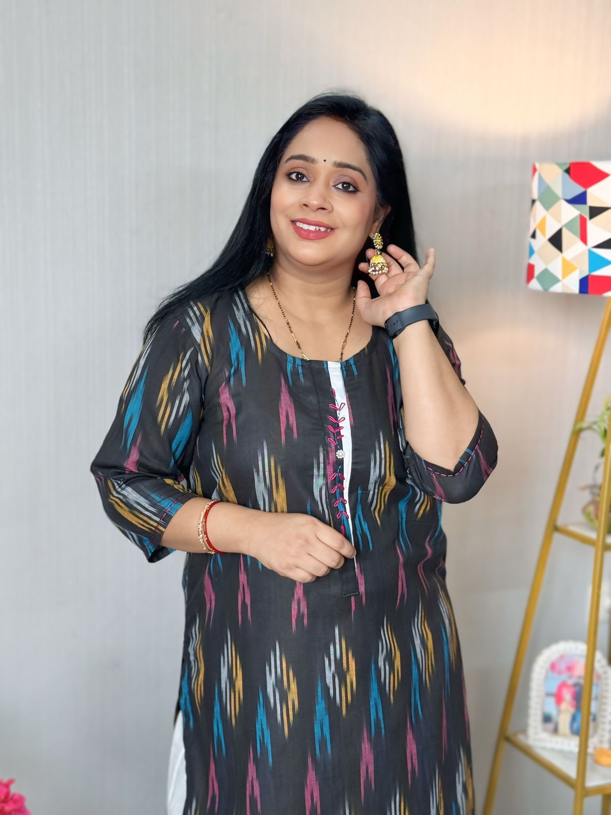 Ikkat Black-Brown Embroidered Kurta