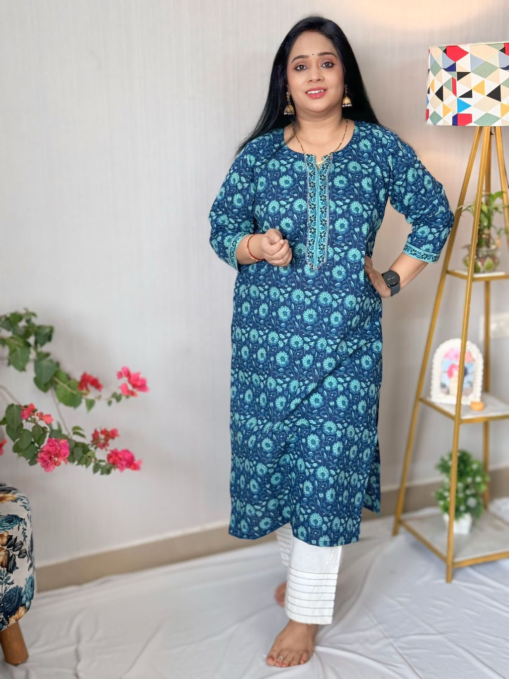 Indigo Hand embroidered Cotton Kurta