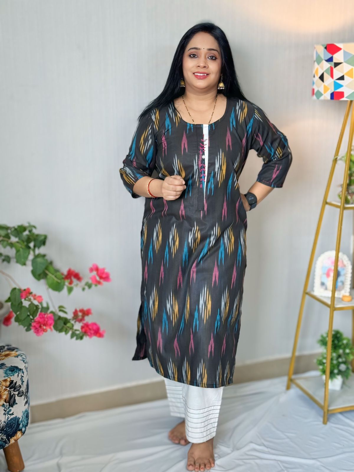 Ikkat Black-Brown Embroidered Kurta