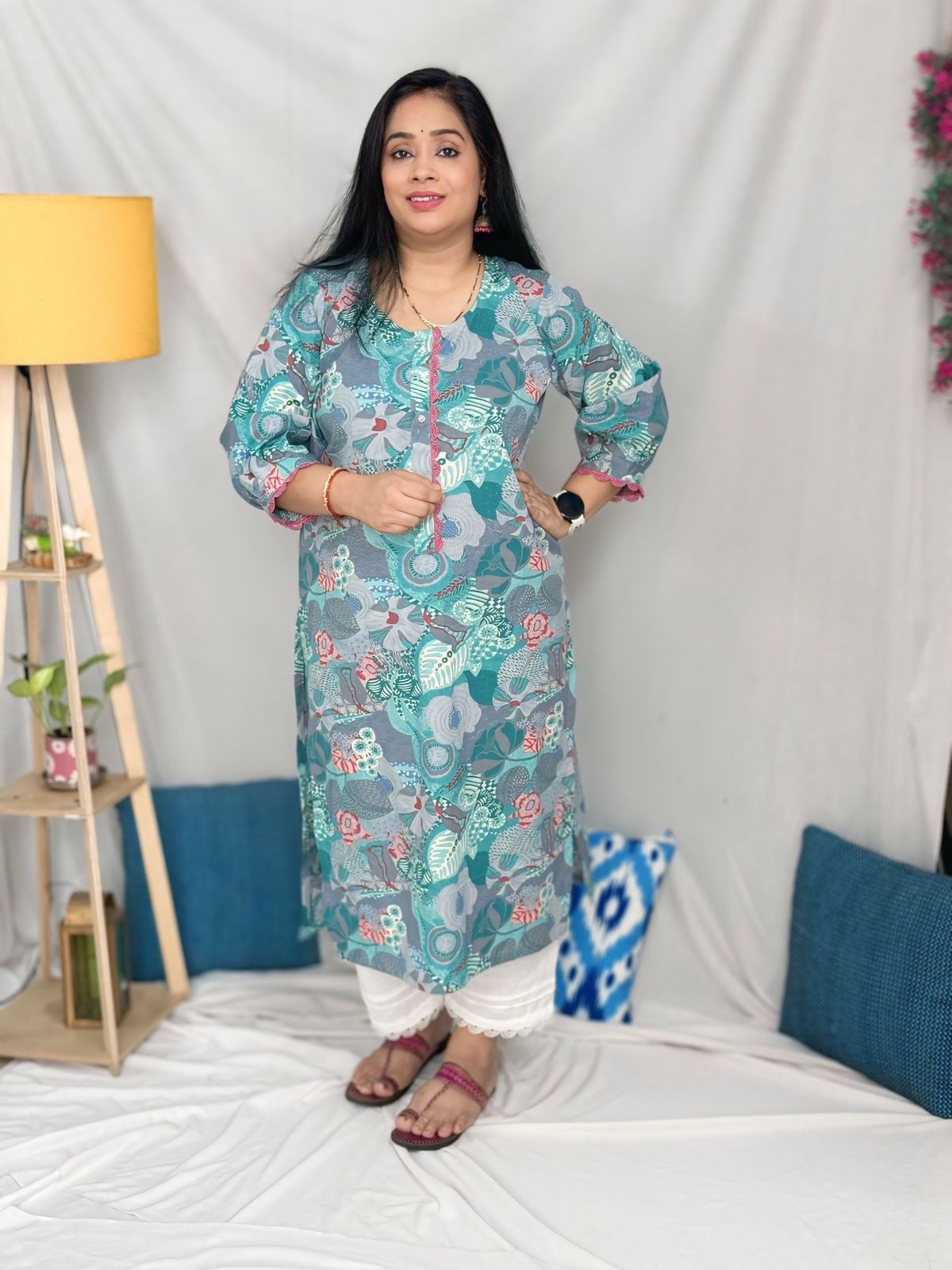 Blue Floral Cotton Designer Kurta