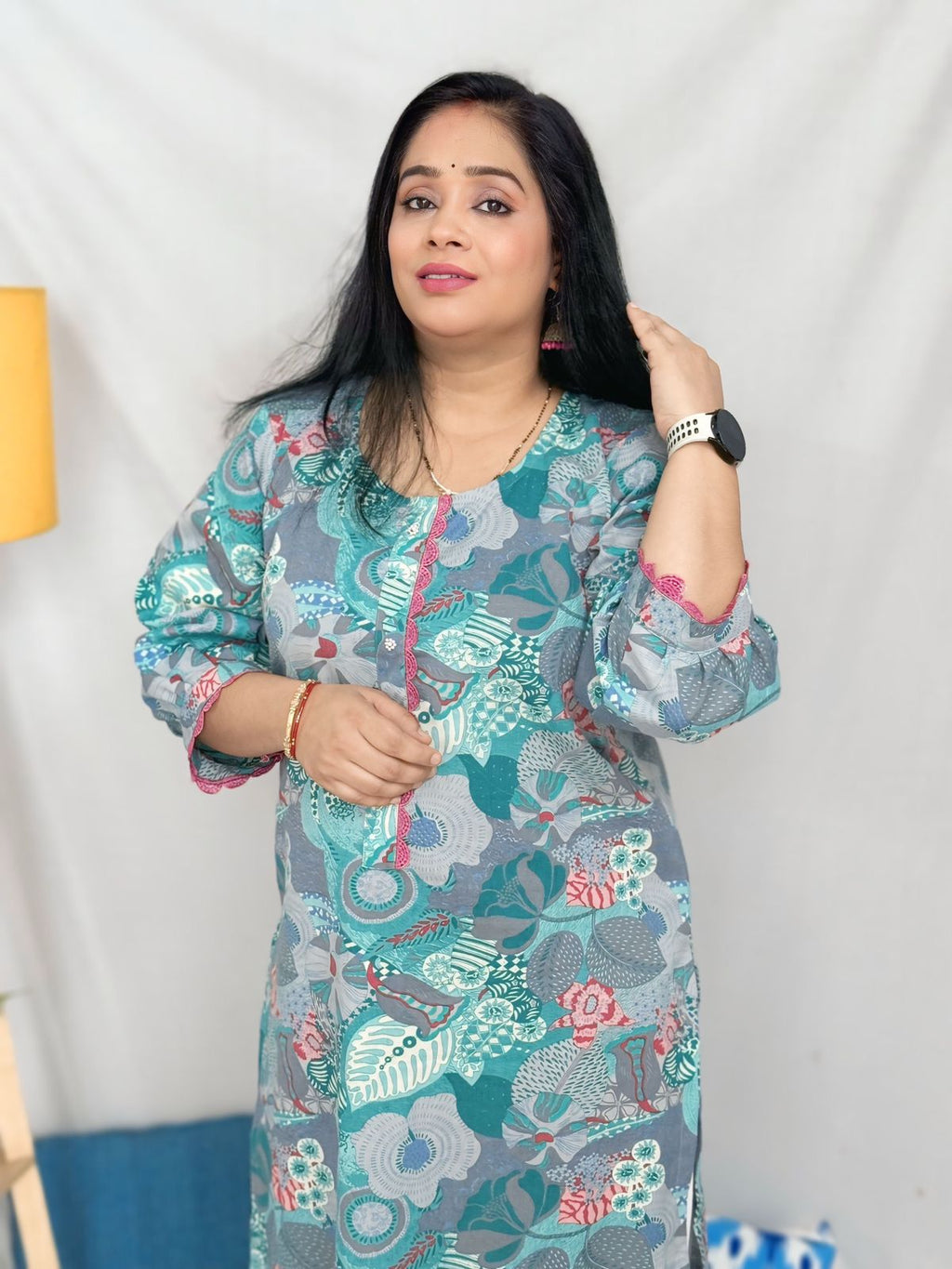 Blue Floral Cotton Designer Kurta