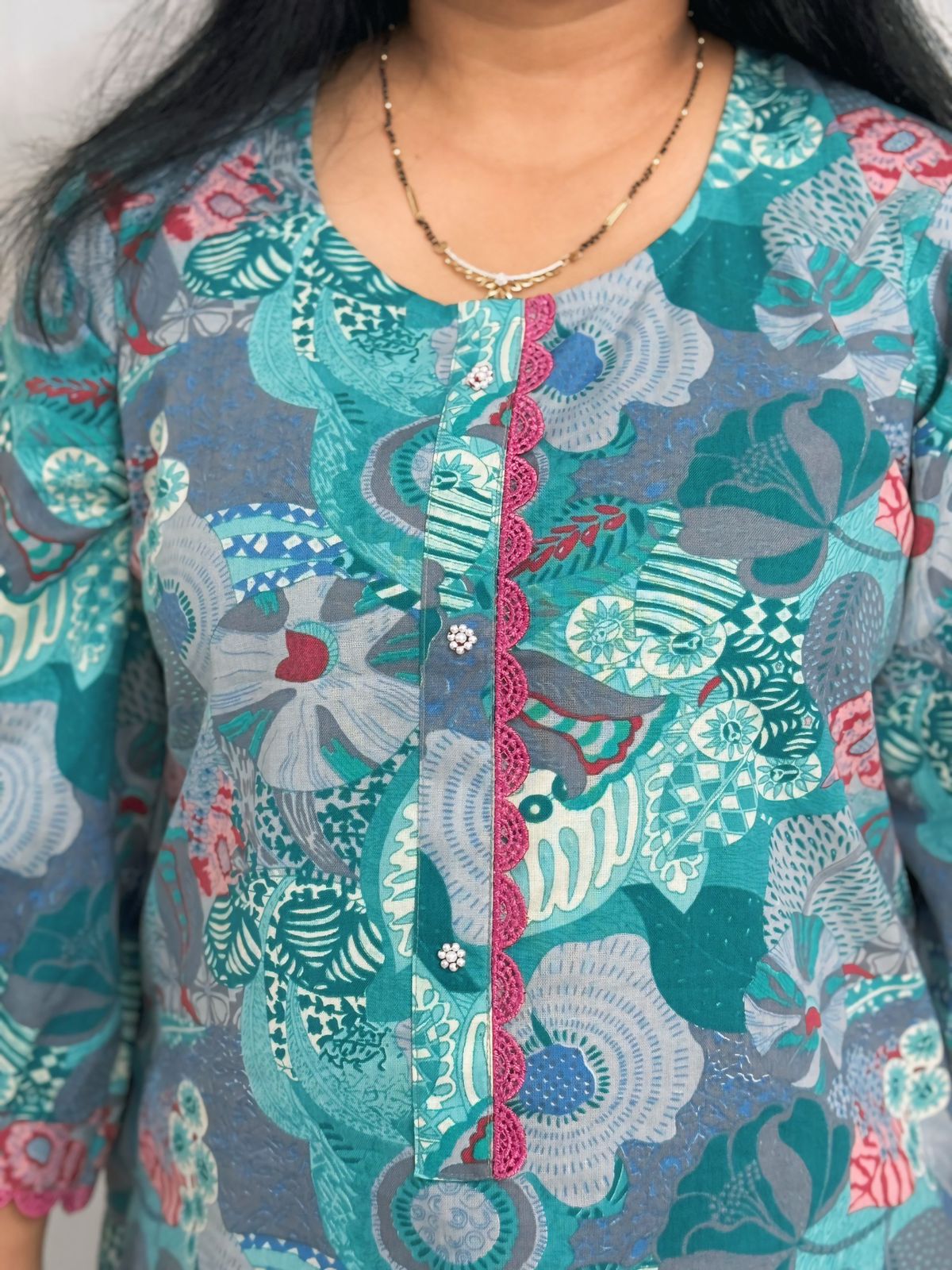Blue Floral Cotton Designer Kurta