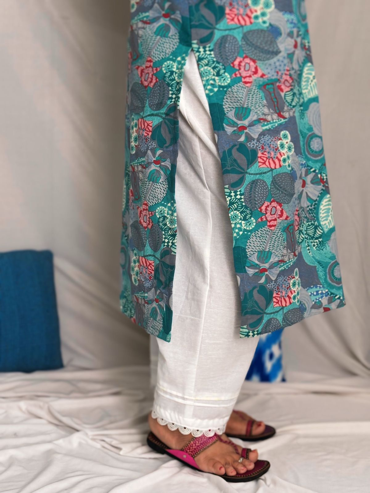 Blue Floral Cotton Designer Kurta