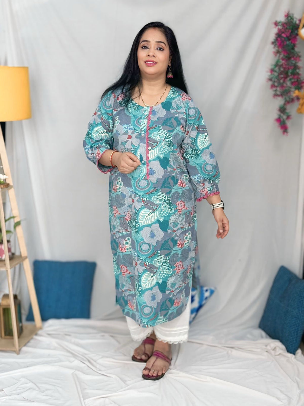 Blue Floral Cotton Designer Kurta