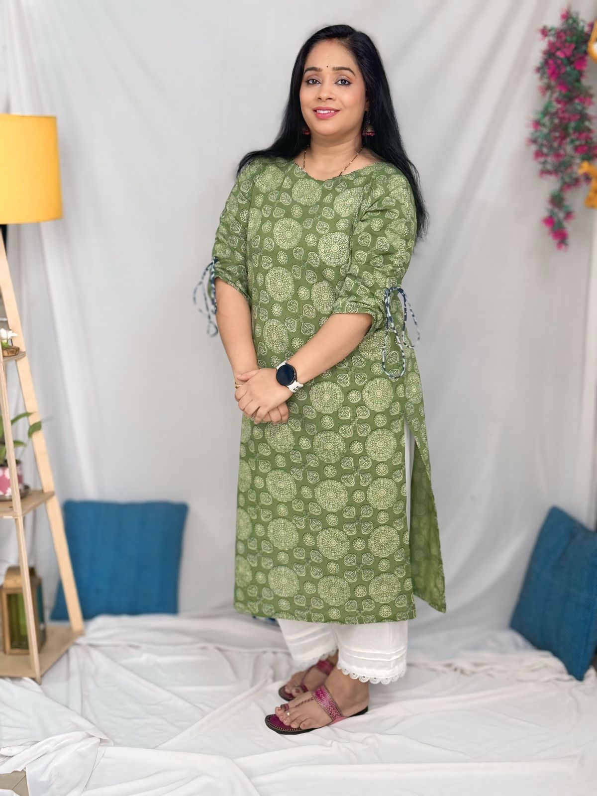 Green Bagru Mulmul Kurta
