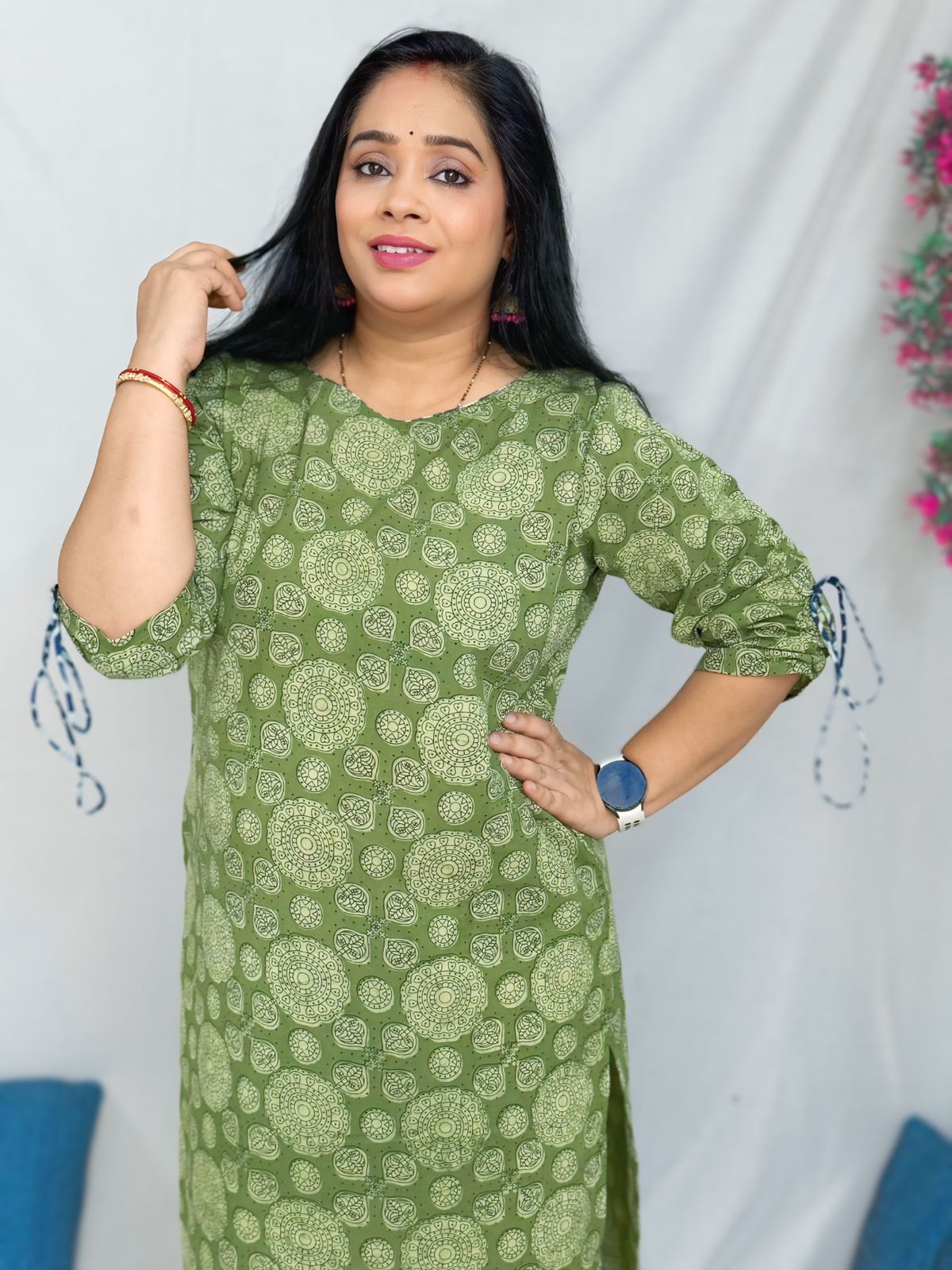 Green Bagru Mulmul Kurta