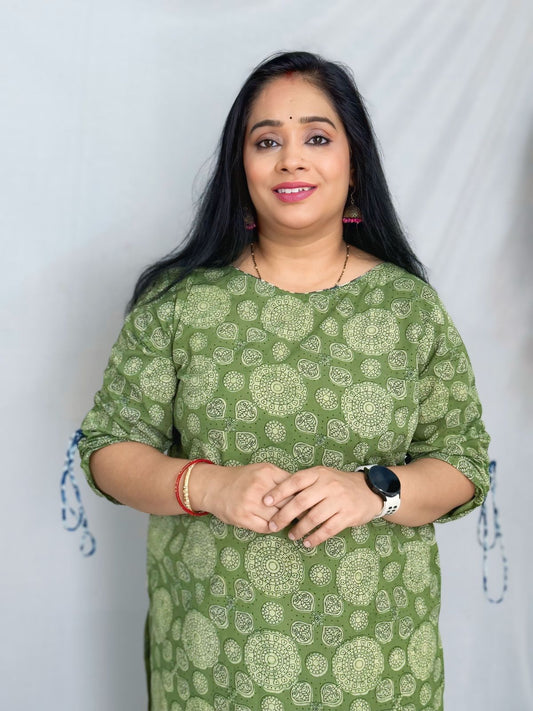 Green Bagru Mulmul Kurta