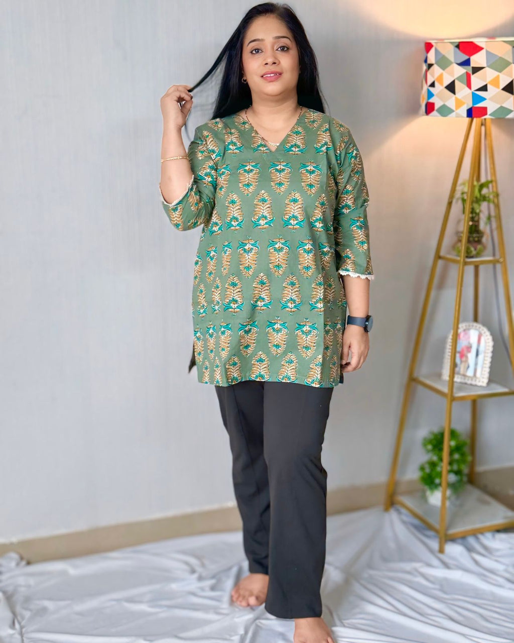 Green Ajrakh Short Kuri