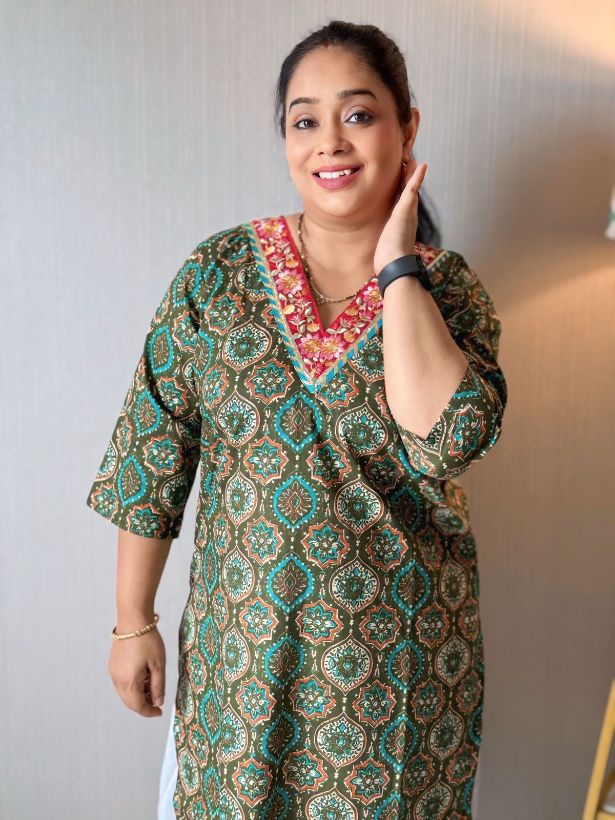 Green Ajrakh Lace work Kurta