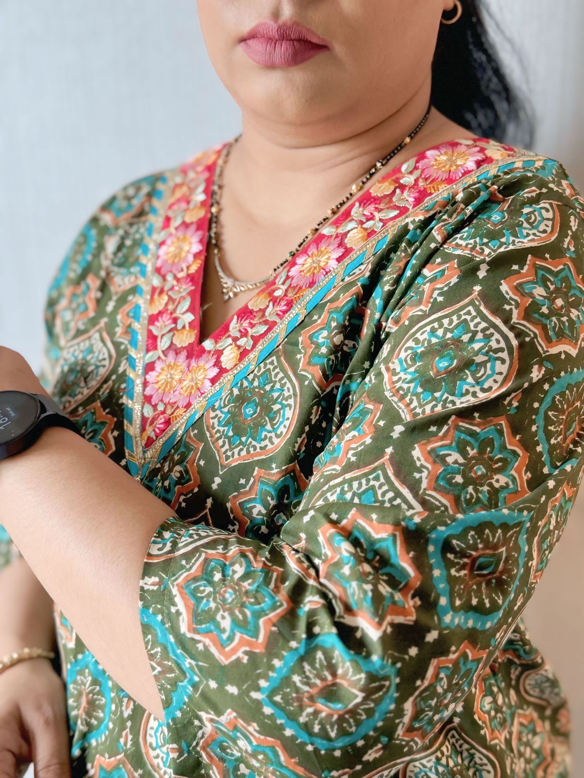 Green Ajrakh Lace work Kurta