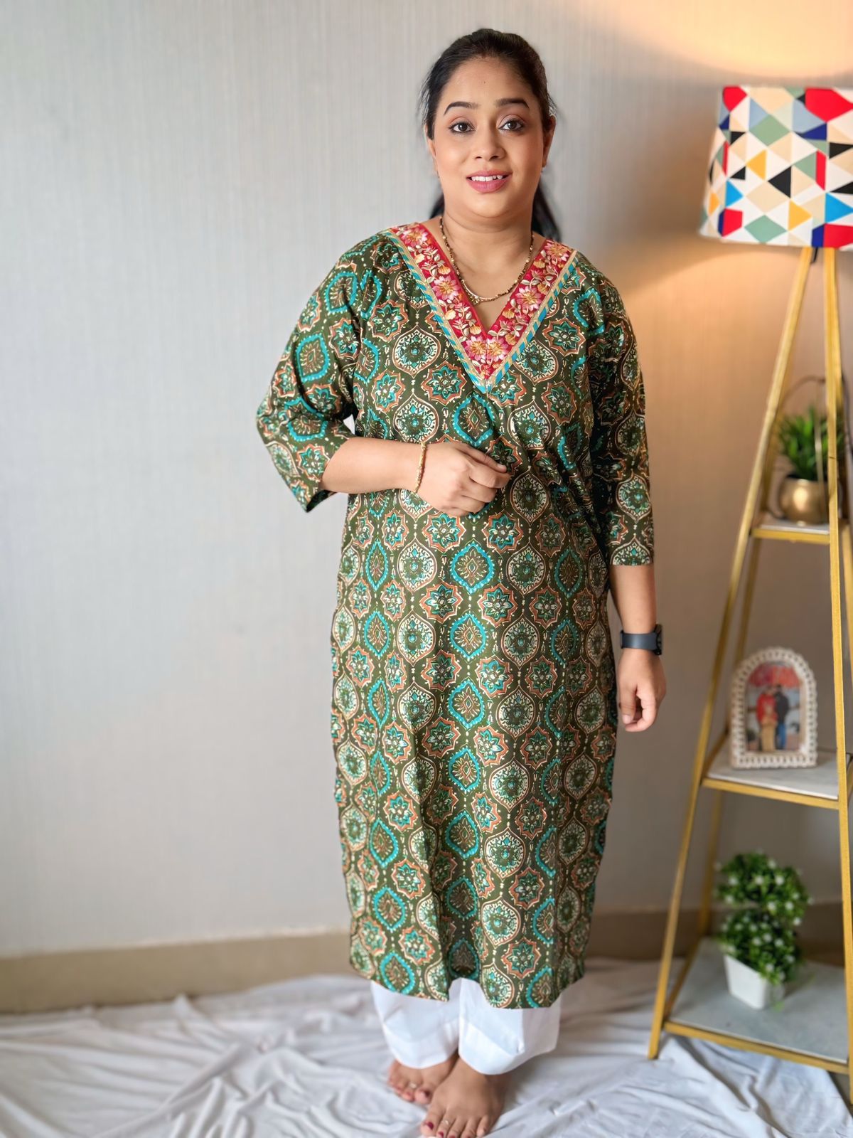 Green Ajrakh Lace work Kurta
