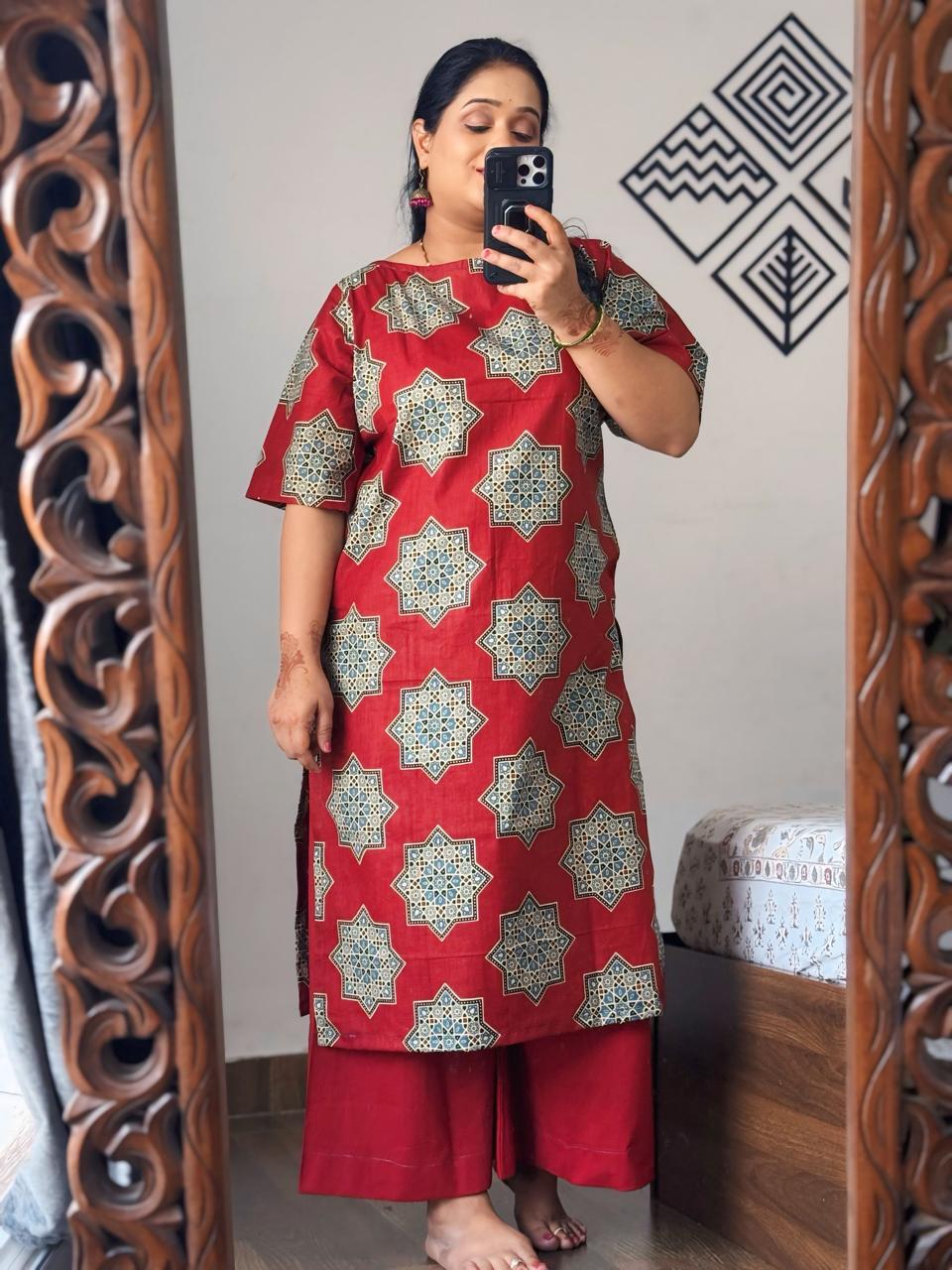 Red Ajrakh Kurta Set