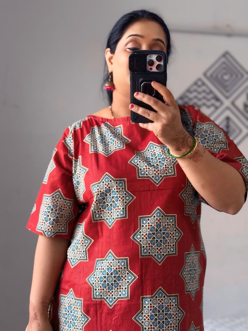 Red Ajrakh Kurta Set