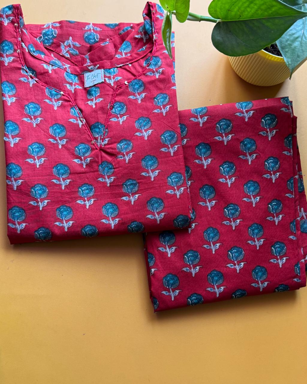 Kashni Red Printed Kurta Pant Set