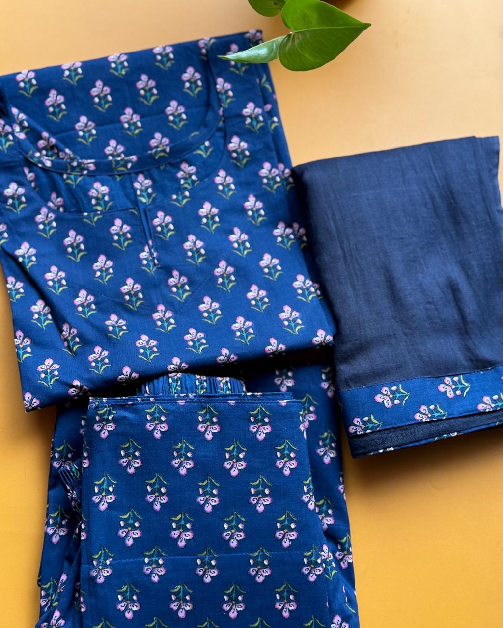 Navy Blossom Floral Cotton Short Kurti & Farshi Pant Set | Effortless Everyday Elegance