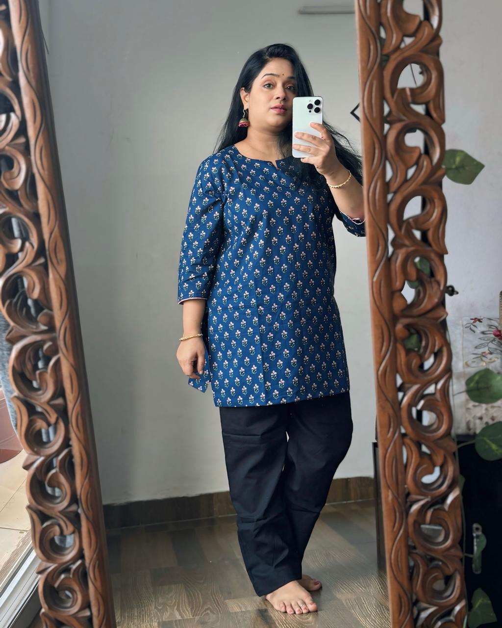 Navy Blossom Floral Cotton Short Kurti & Farshi Pant Set | Effortless Everyday Elegance