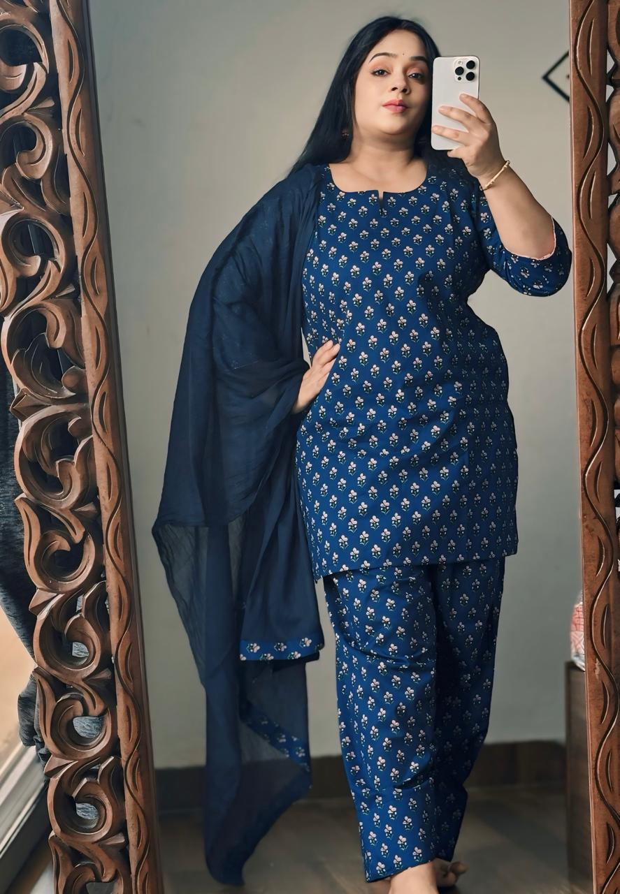 Navy Blossom Floral Cotton Short Kurti & Farshi Pant Set | Effortless Everyday Elegance