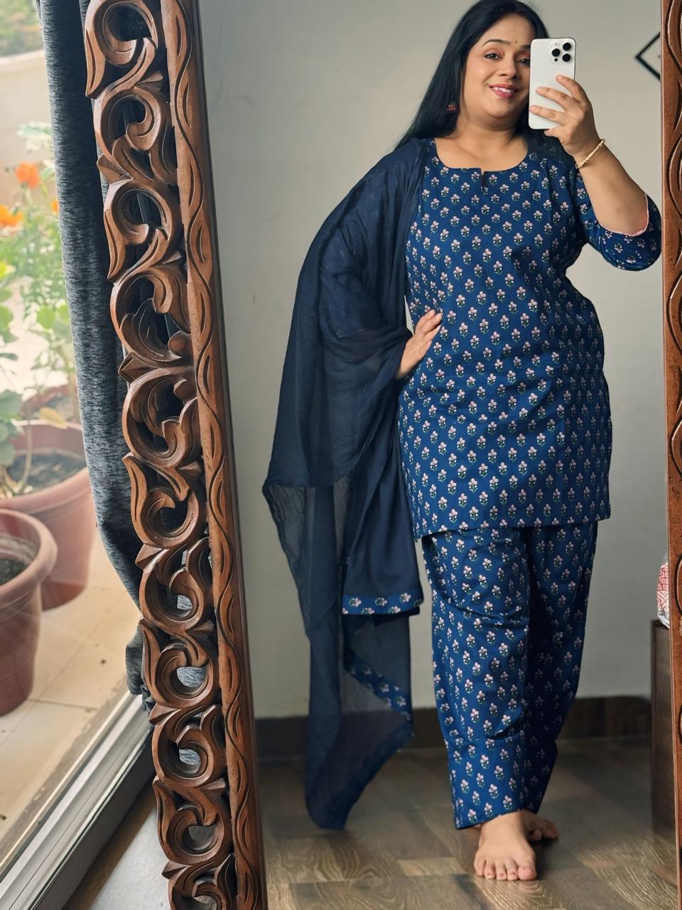Navy Blossom Floral Cotton Short Kurti & Farshi Pant Set | Effortless Everyday Elegance