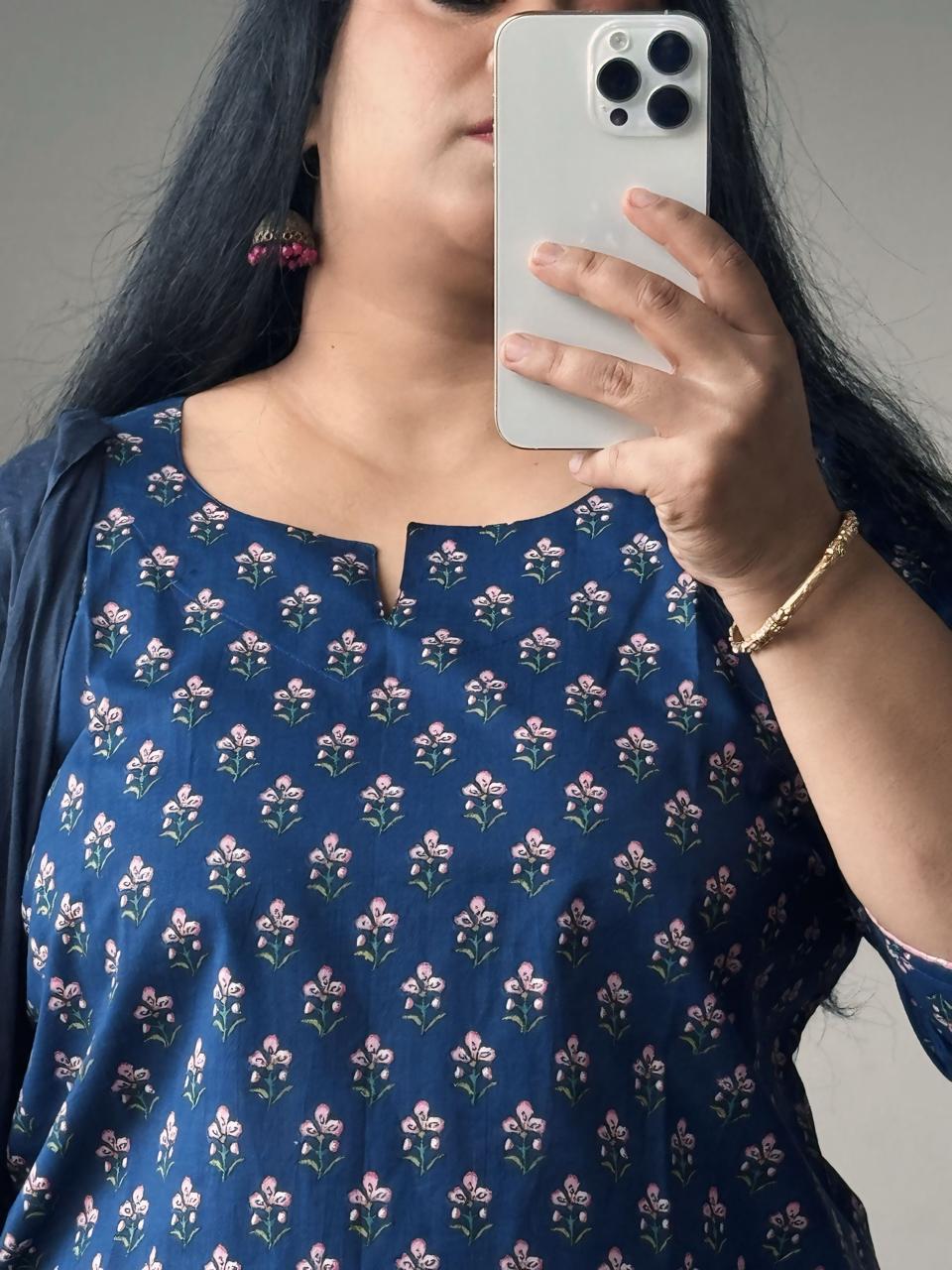 Navy Blossom Floral Cotton Short Kurti & Farshi Pant Set | Effortless Everyday Elegance