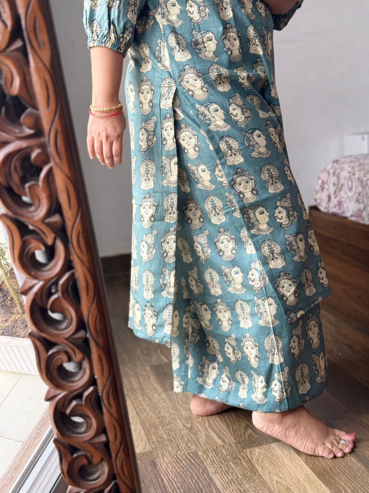 Grey Kalamkari  Printed Cotton Kurta Palazzo Set