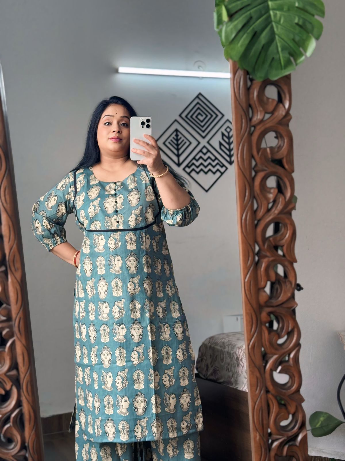 Grey Kalamkari  Printed Cotton Kurta Palazzo Set