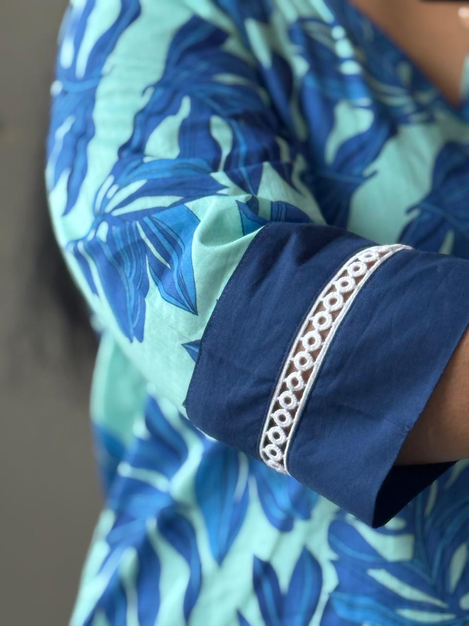 Teal Blue Floral Print Kurta