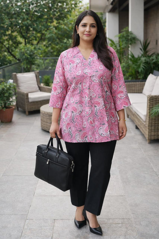 Pink Paisley Cotton Short Kurti for Women