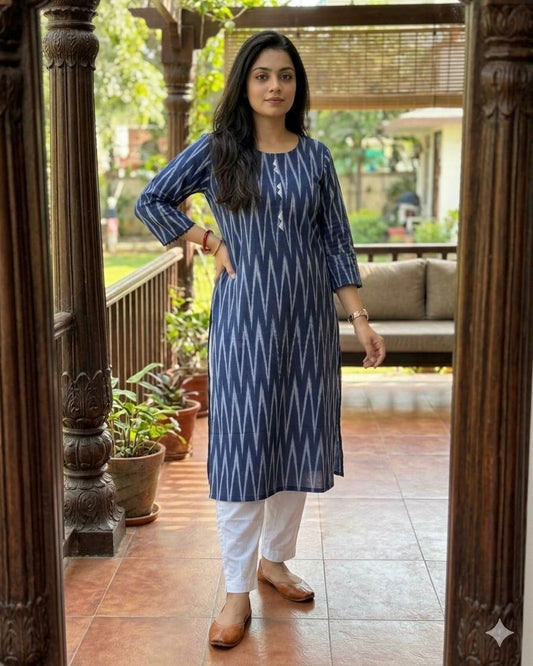 Ikkat Blue Cotton Kurta