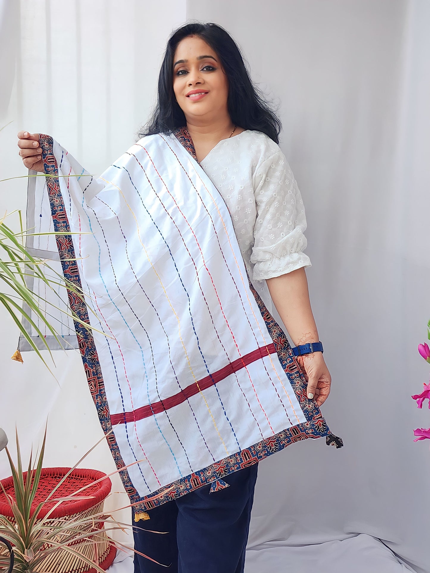 White Handwork Kantha Stole