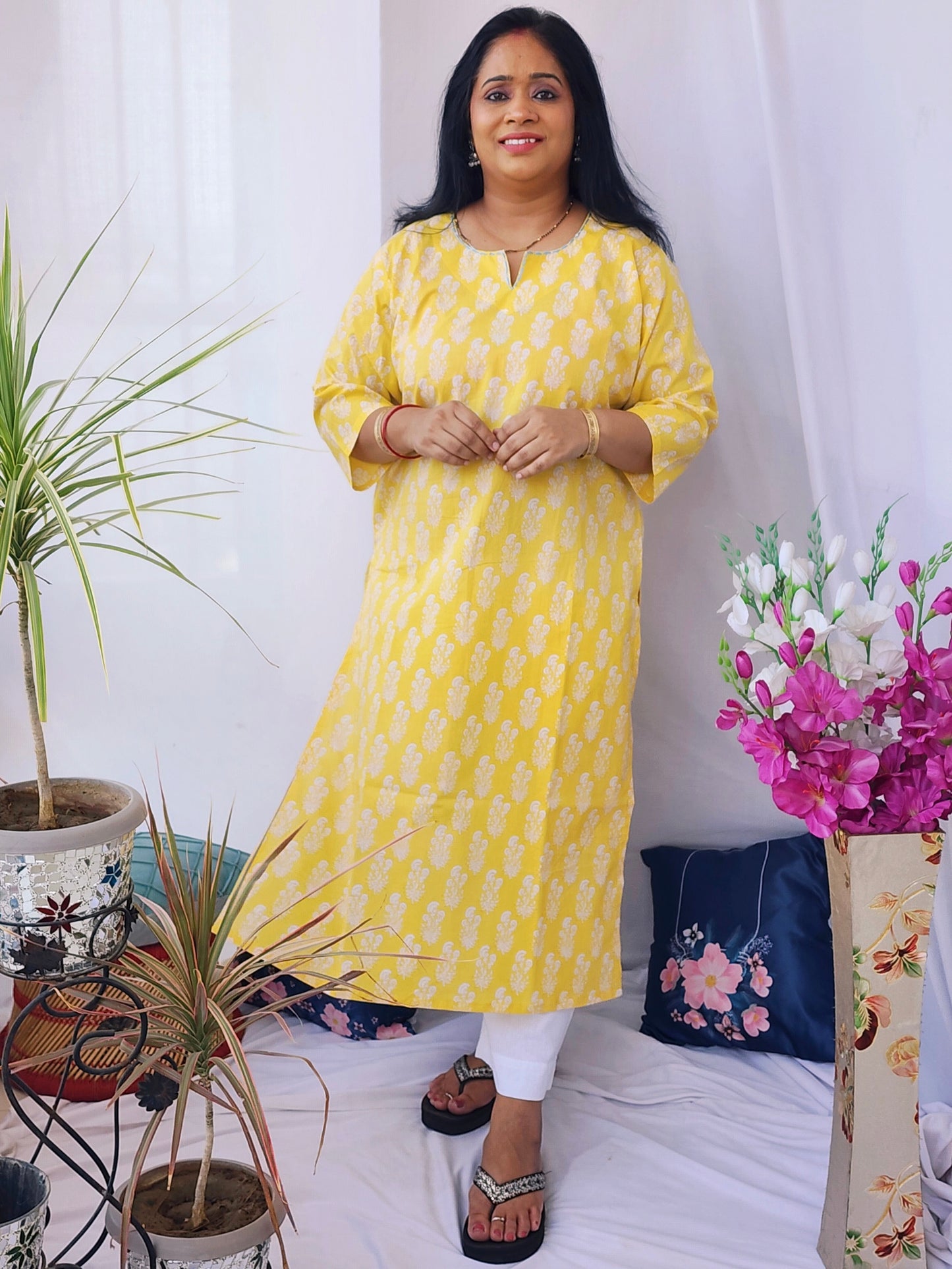 Yellow Cotton Thread Detailing Kurta