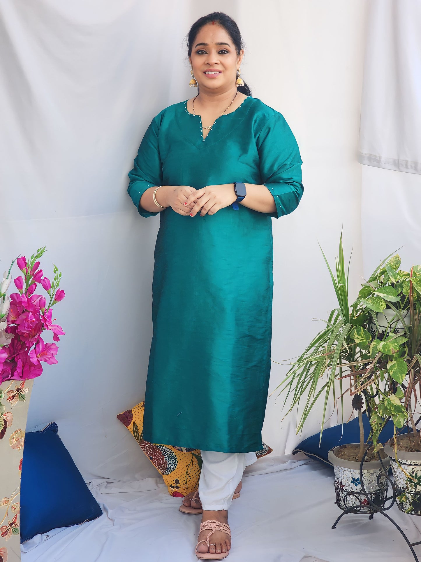 Regal Green Raw Silk Pearl Kurta