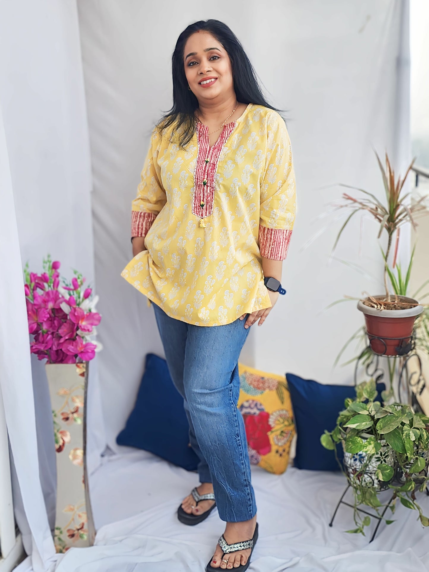 Yellow Short Kurta with Hand Embroidery