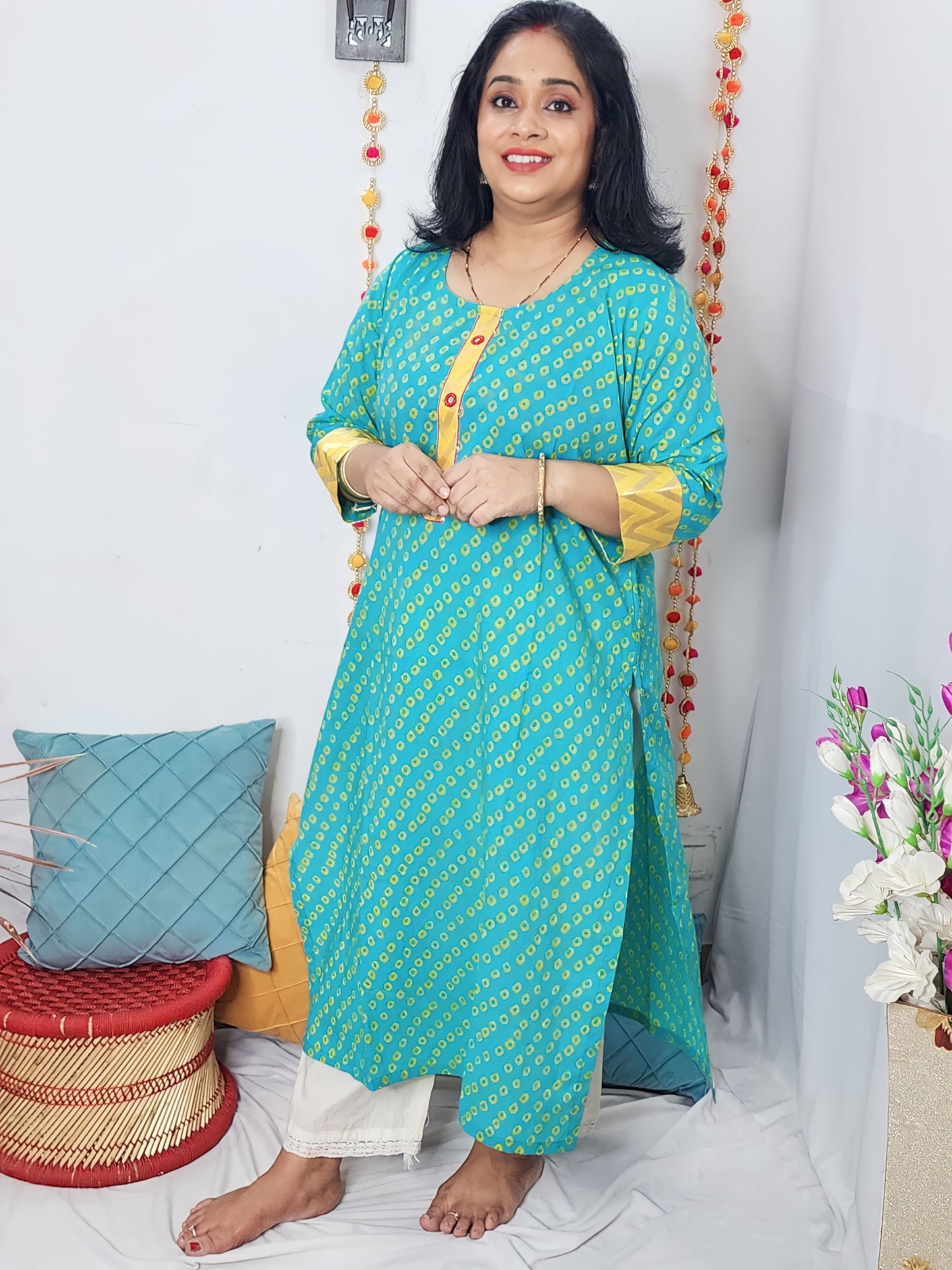 Teal Cotton Kurta with Mirror work.