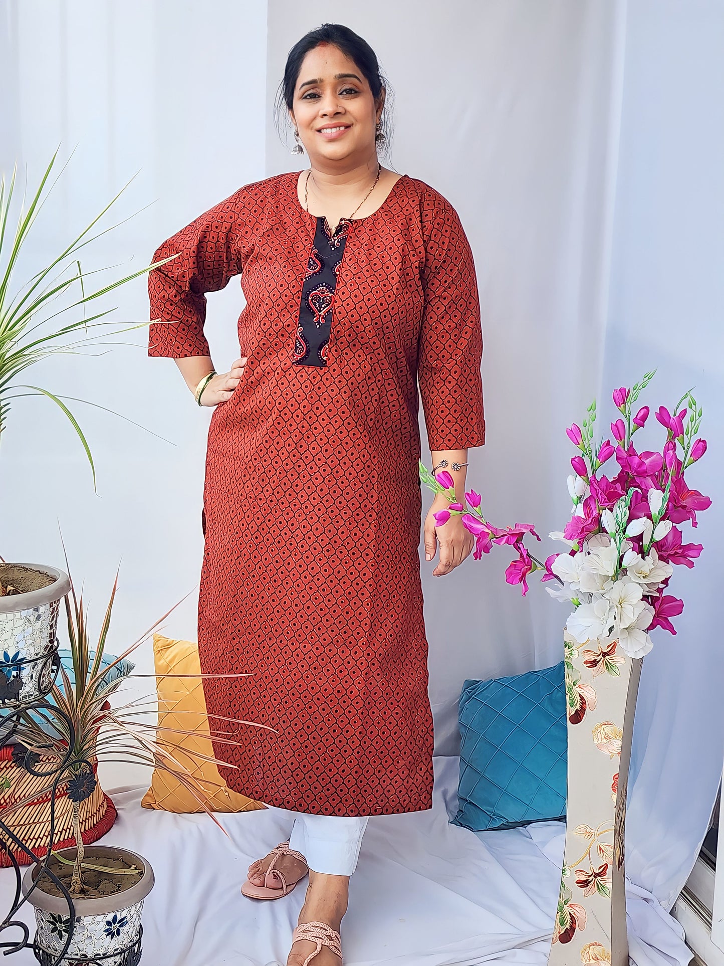 Rust Ajrakh Cotton Embroidered Kurta