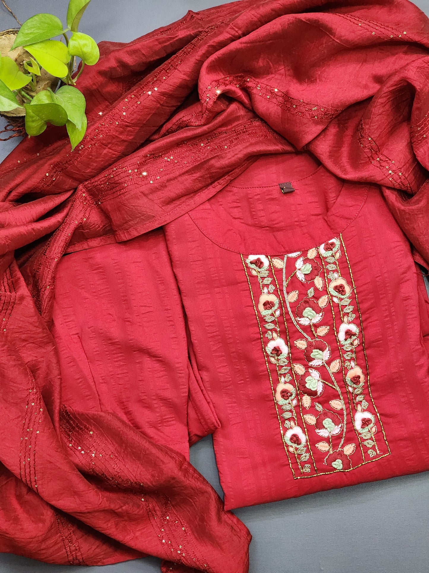 Red Muslin Embroidered Suit Set with Dupatta