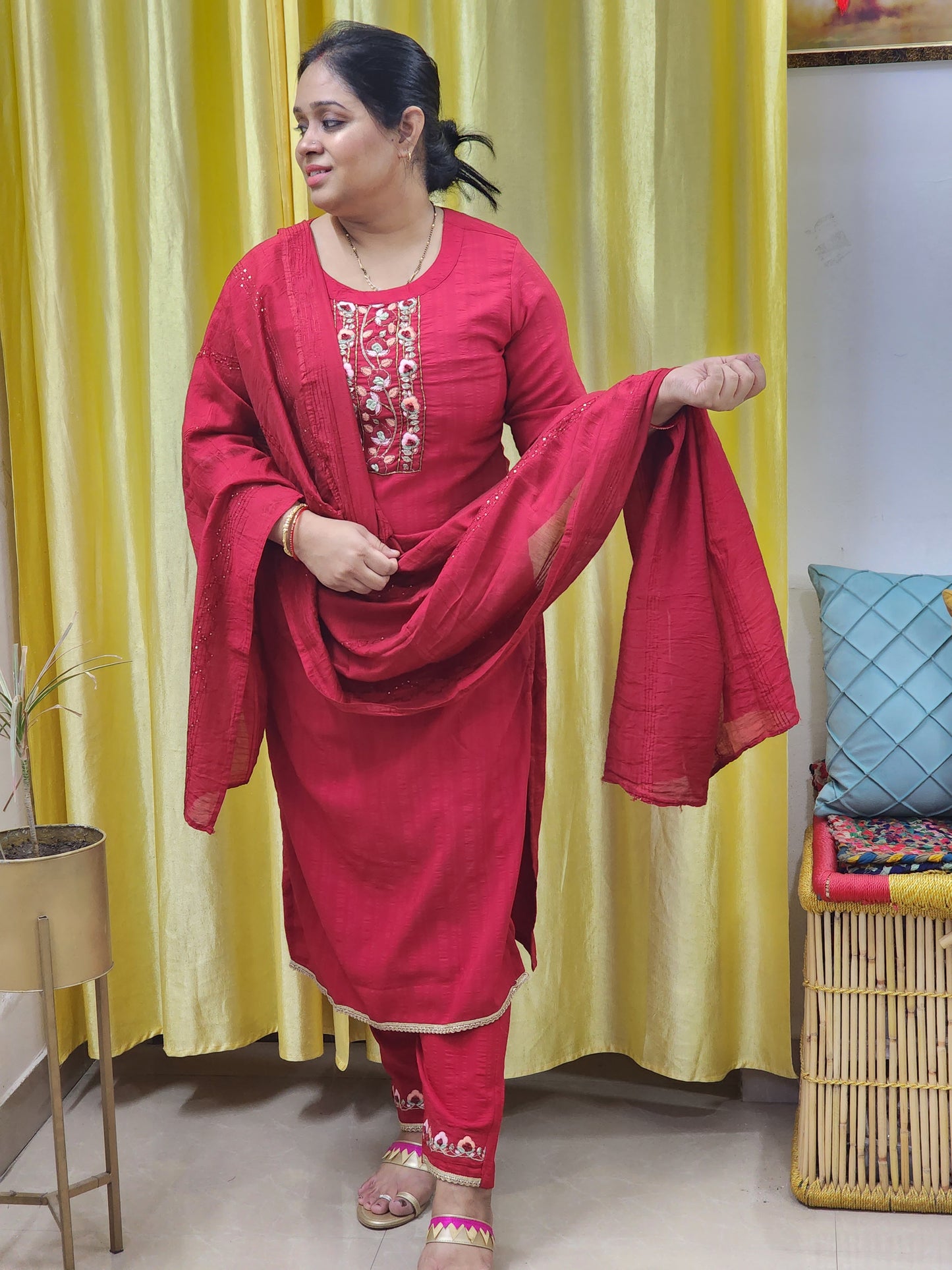 Red Muslin Embroidered Suit Set with Dupatta