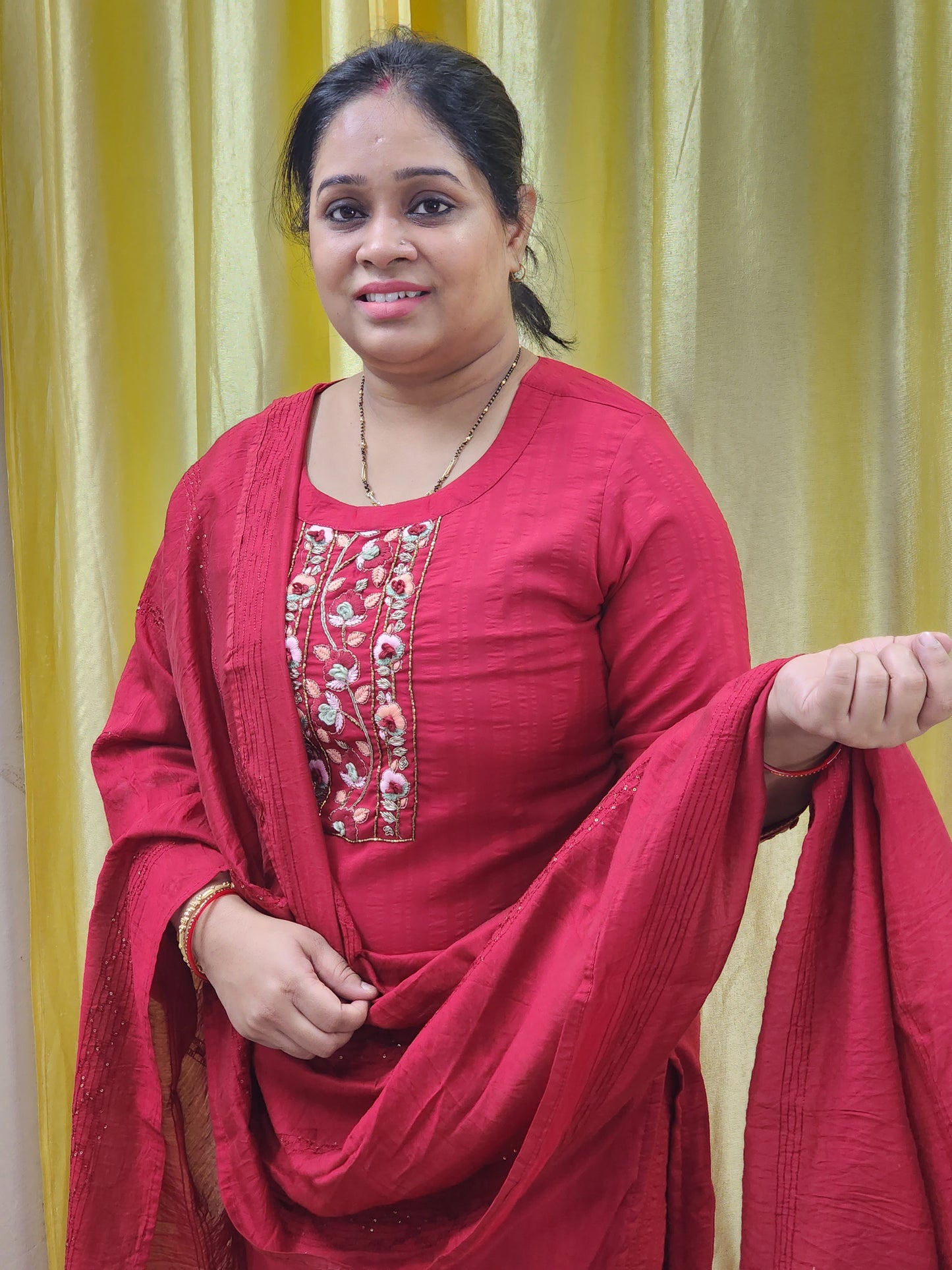 Red Muslin Embroidered Suit Set with Dupatta