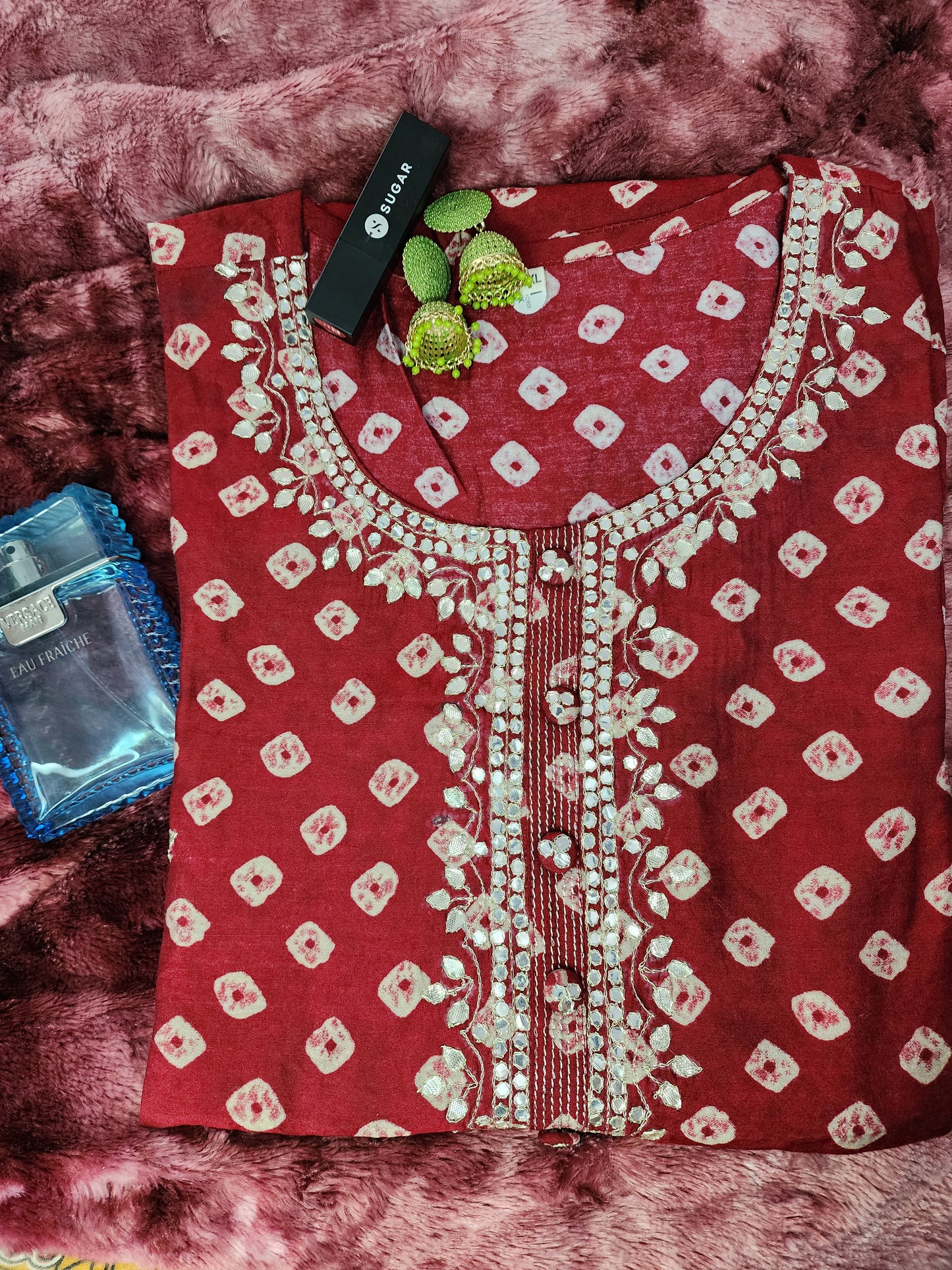 Muslin Maroon Bandhej Embroidered Kurta