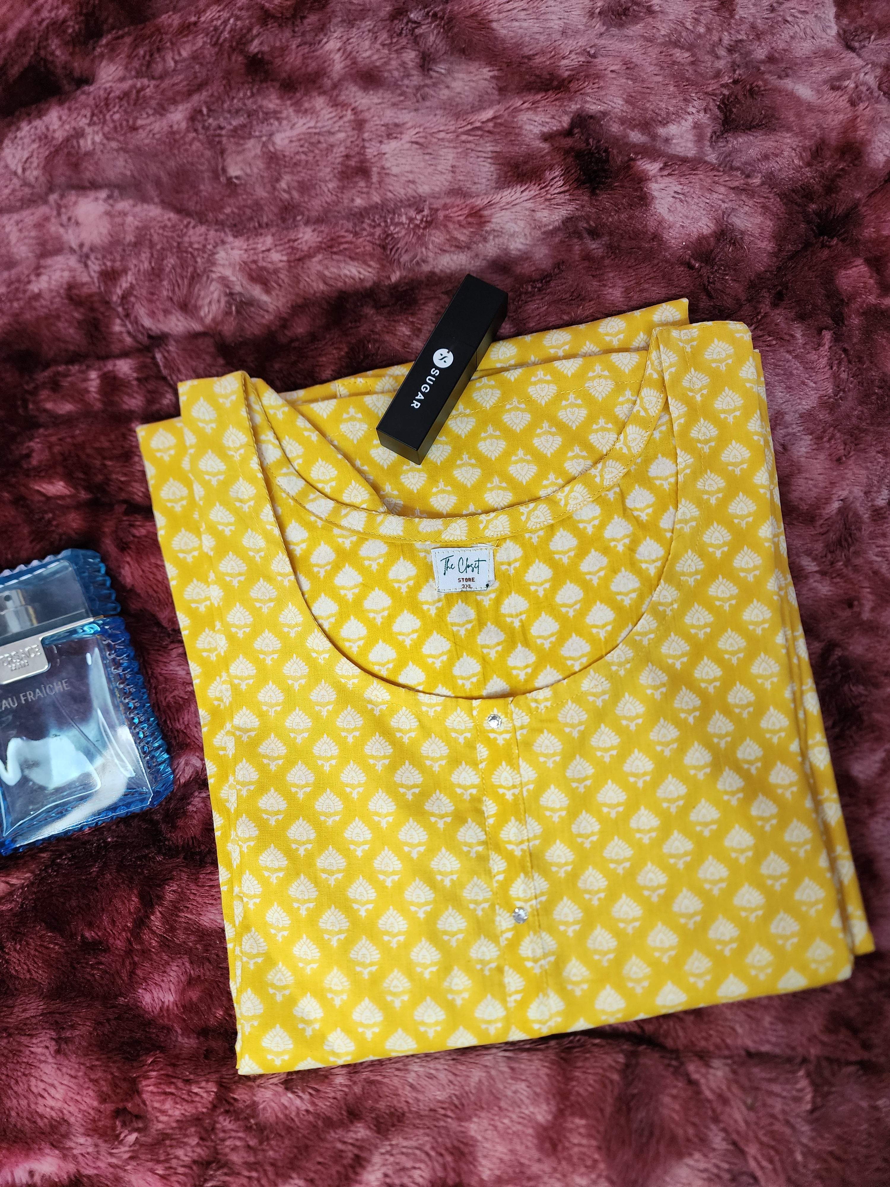 Yellow Sanganeri Block Print Cotton Kurta