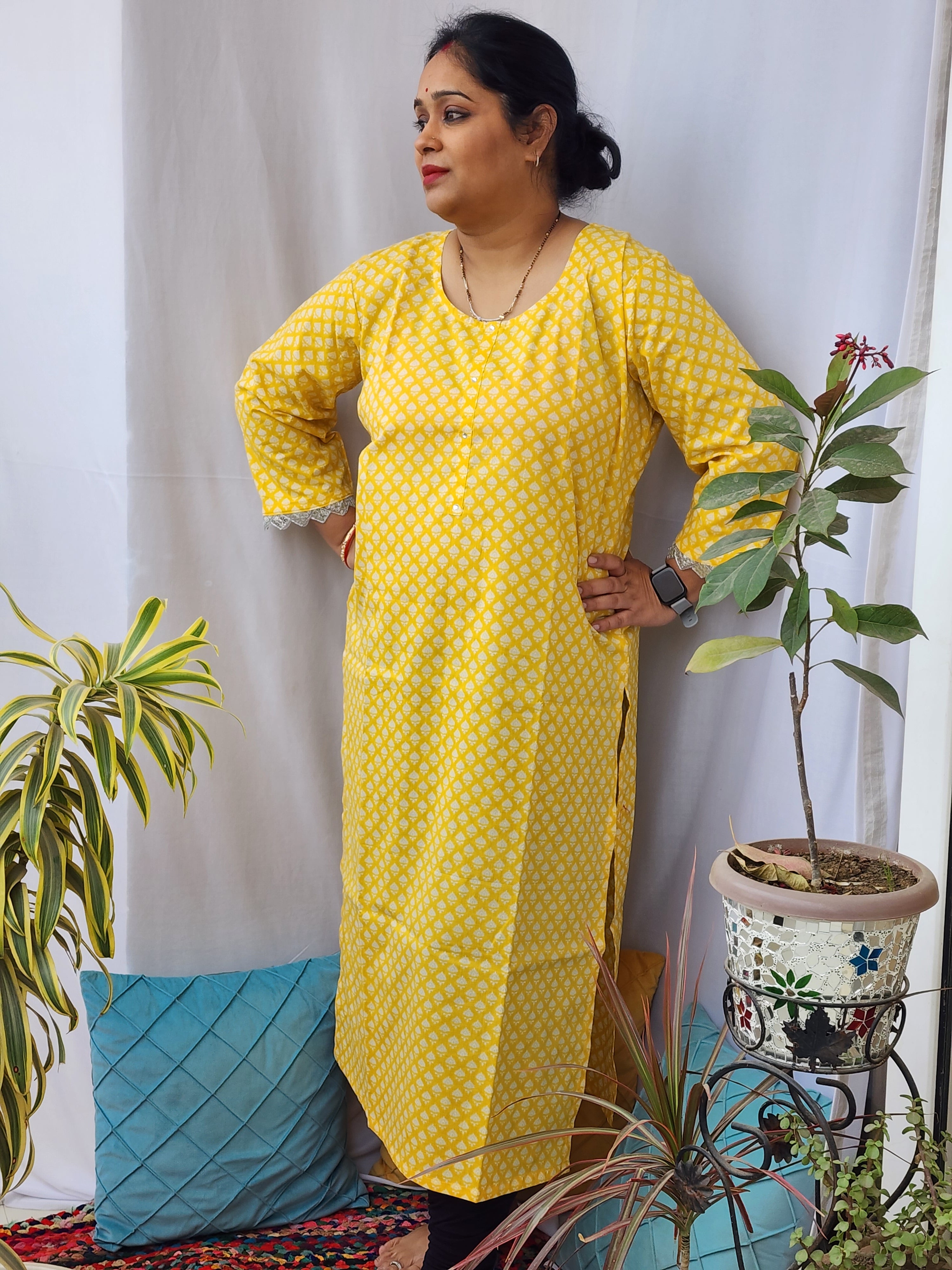 Yellow Sanganeri Block Print Cotton Kurta