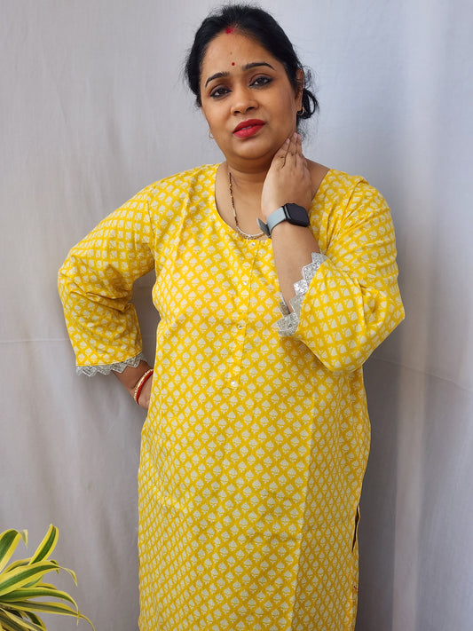 Yellow Sanganeri Block Print Cotton Kurta