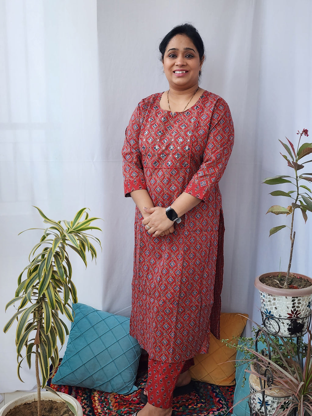 Ajrakh Red Cotton Kurta Pant Set